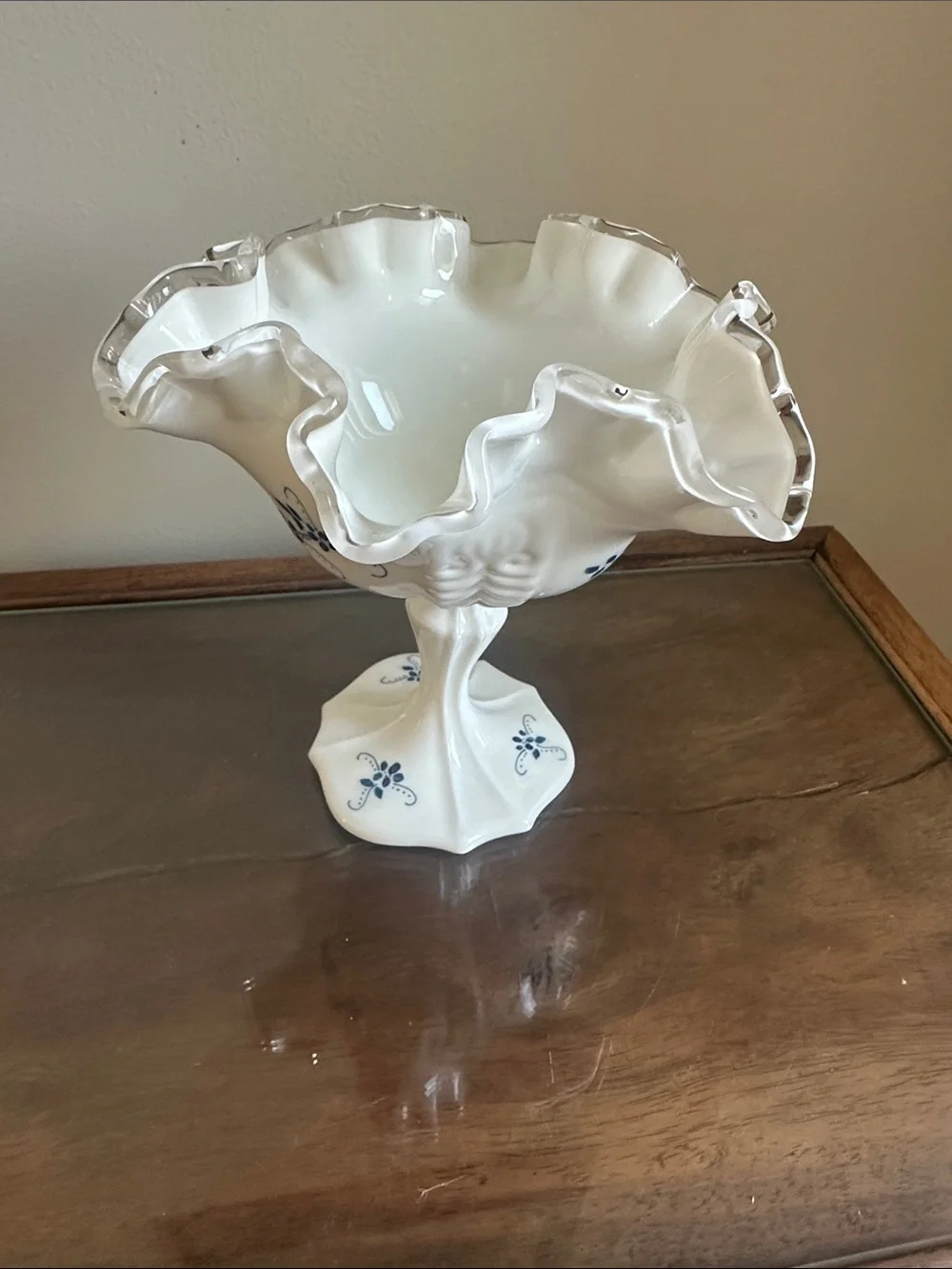 Vintage Fenton Silver Crest Milk Glass Compote with Hand Painted Blue Floral